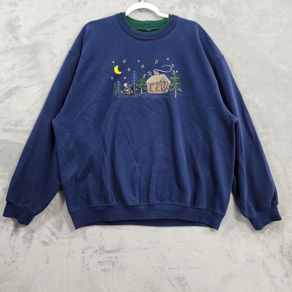 Vintage Sweatshirt Women 2XL Blue Cabin Bear Winter Embroidered Fleece Cabincore